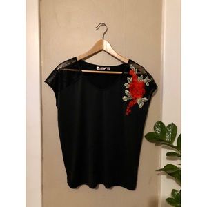 Rose detail black silky top